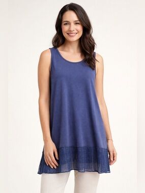 LOGO Layers Blue Tunic Tank Lace Hem Boho Modest XL Lagenlook Relaxed Fit